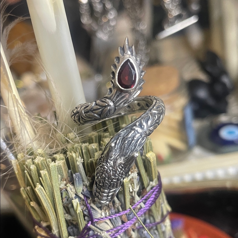 Sterling Serpent Dragon Wrap Ring with Garnet Red 925